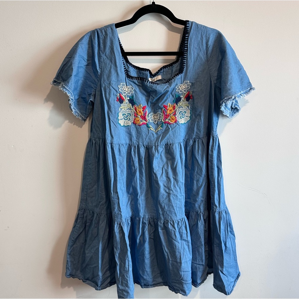 Easel Embroidered Denim Mini Dress